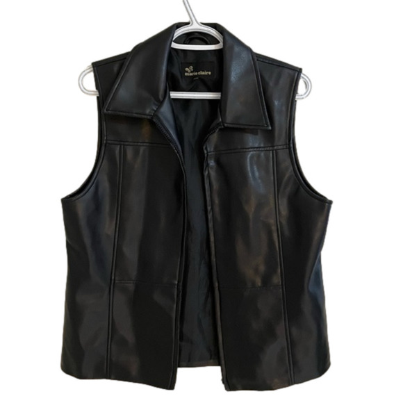 MARIE Claire Faux Leather Collared Dual Zipper Black Vest, Size M - Picture 5 of 8